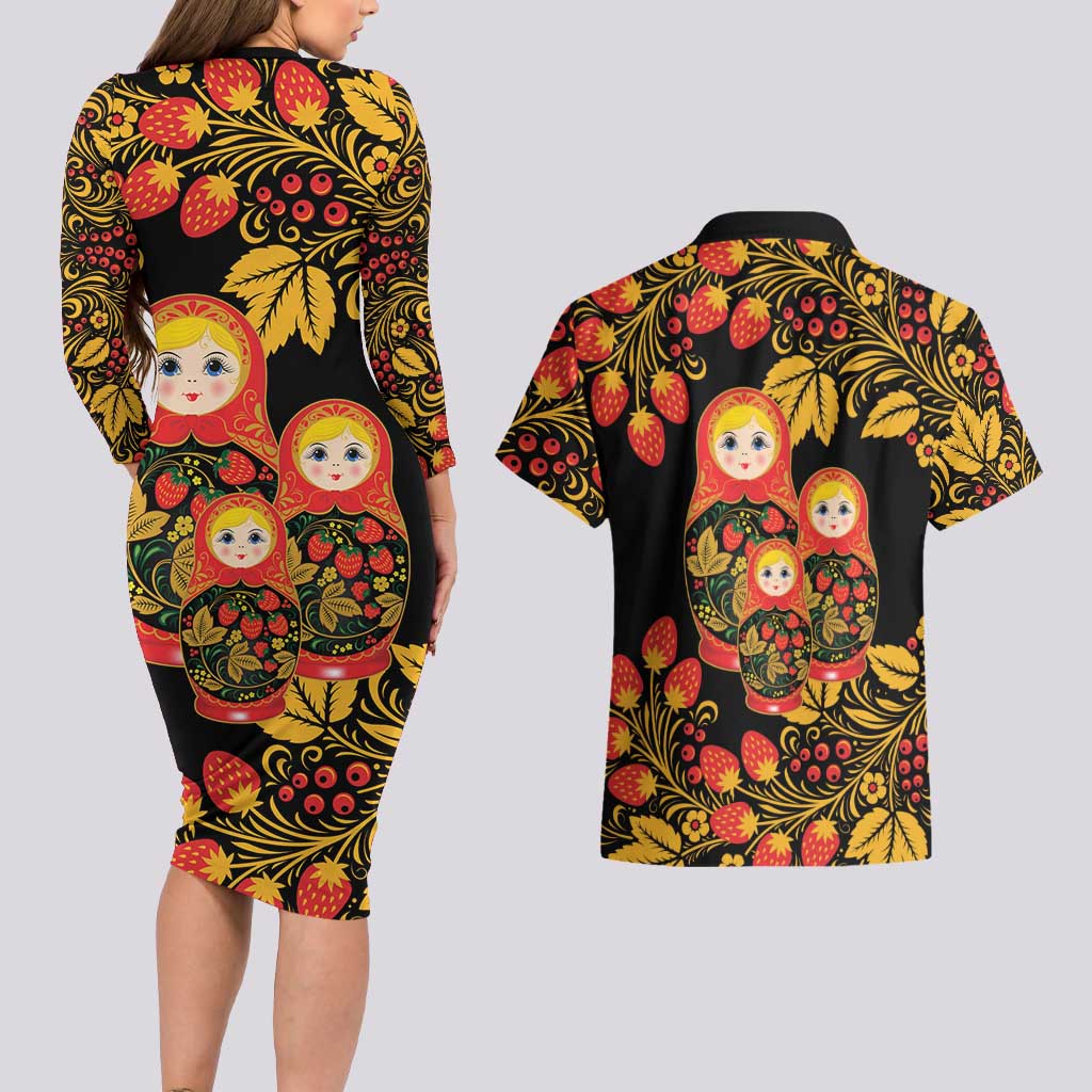 Russian Matryoshka Doll Couples Matching Long Sleeve Bodycon Dress and Hawaiian Shirt Khokhloma Patterns - Wonder Print Shop