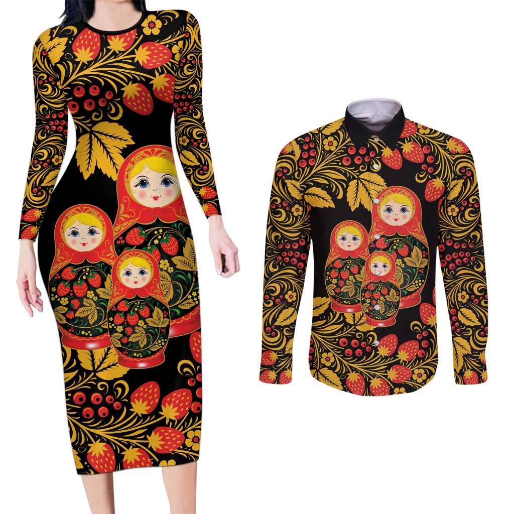 Russian Matryoshka Doll Couples Matching Long Sleeve Bodycon Dress and Long Sleeve Button Shirt Khokhloma Patterns - Wonder Print Shop