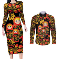 Russian Matryoshka Doll Couples Matching Long Sleeve Bodycon Dress and Long Sleeve Button Shirt Khokhloma Patterns - Wonder Print Shop