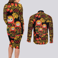 Russian Matryoshka Doll Couples Matching Long Sleeve Bodycon Dress and Long Sleeve Button Shirt Khokhloma Patterns - Wonder Print Shop