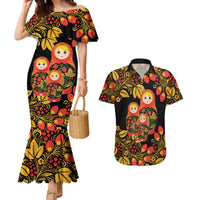 Russian Matryoshka Doll Couples Matching Mermaid Dress and Hawaiian Shirt Khokhloma Patterns - Wonder Print Shop