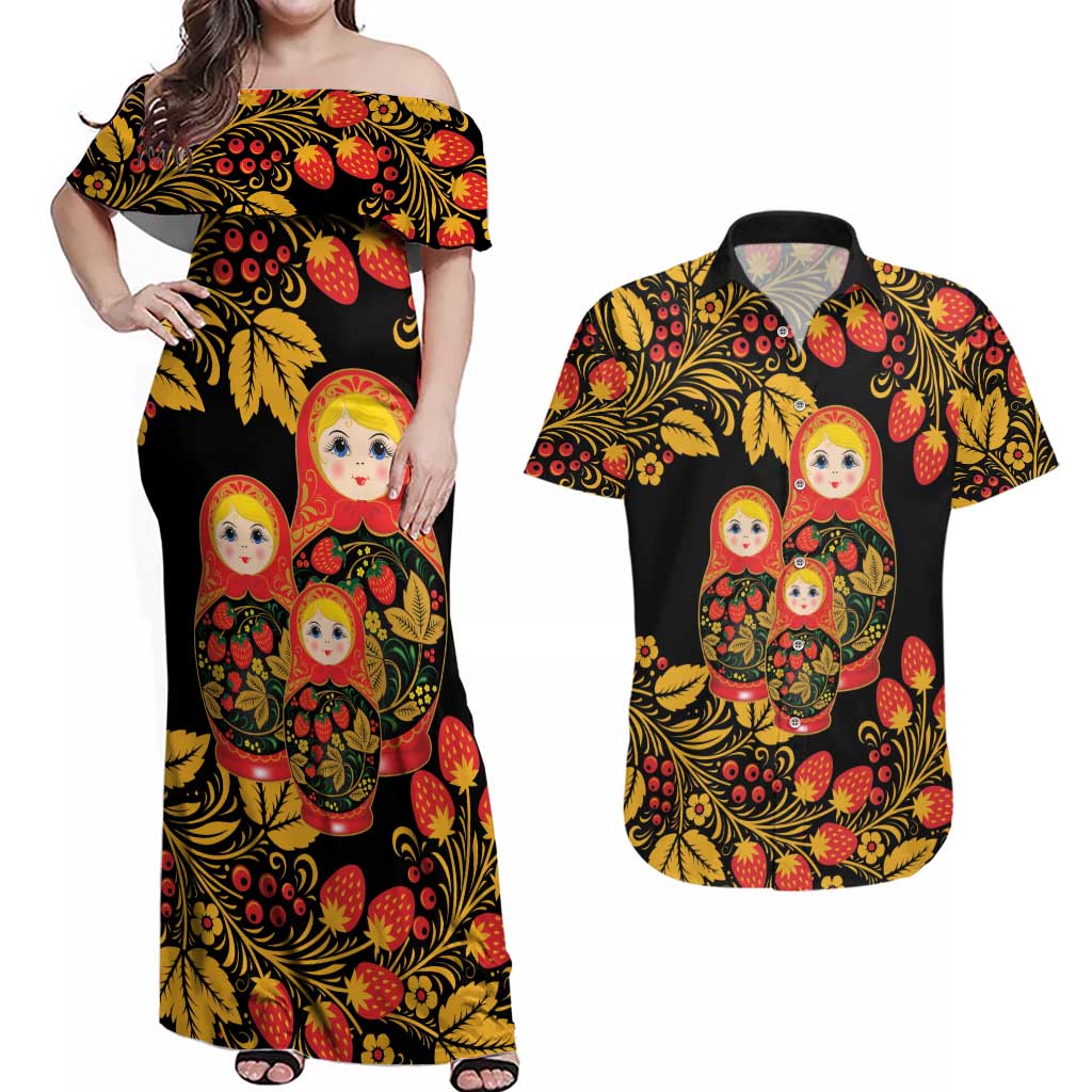 Russian Matryoshka Doll Couples Matching Off Shoulder Maxi Dress and Hawaiian Shirt Khokhloma Patterns - Wonder Print Shop
