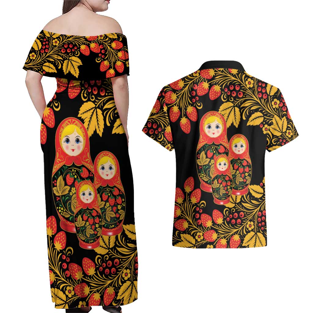 Russian Matryoshka Doll Couples Matching Off Shoulder Maxi Dress and Hawaiian Shirt Khokhloma Patterns - Wonder Print Shop