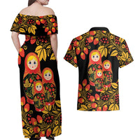 Russian Matryoshka Doll Couples Matching Off Shoulder Maxi Dress and Hawaiian Shirt Khokhloma Patterns - Wonder Print Shop