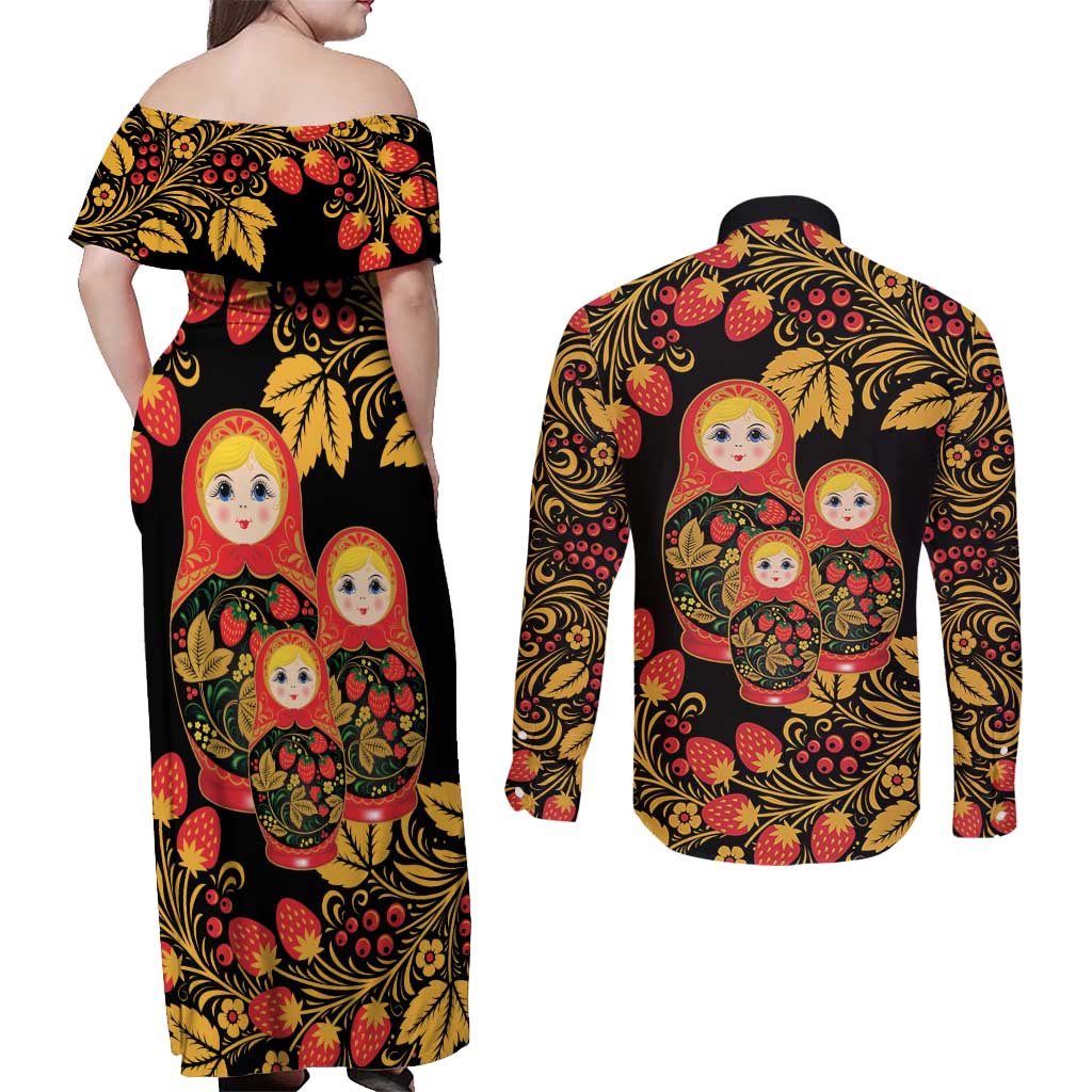 Russian Matryoshka Doll Couples Matching Off Shoulder Maxi Dress and Long Sleeve Button Shirt Khokhloma Patterns - Wonder Print Shop