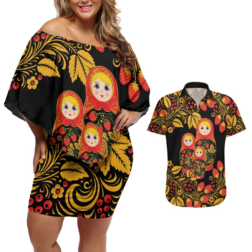 Russian Matryoshka Doll Couples Matching Off Shoulder Short Dress and Hawaiian Shirt Khokhloma Patterns - Wonder Print Shop