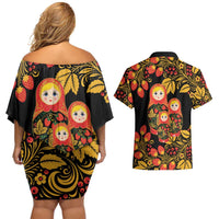 Russian Matryoshka Doll Couples Matching Off Shoulder Short Dress and Hawaiian Shirt Khokhloma Patterns - Wonder Print Shop