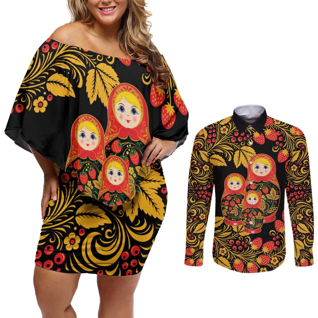 Russian Matryoshka Doll Couples Matching Off Shoulder Short Dress and Long Sleeve Button Shirt Khokhloma Patterns - Wonder Print Shop
