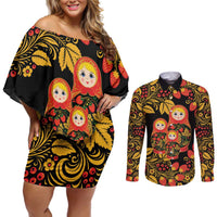 Russian Matryoshka Doll Couples Matching Off Shoulder Short Dress and Long Sleeve Button Shirt Khokhloma Patterns - Wonder Print Shop