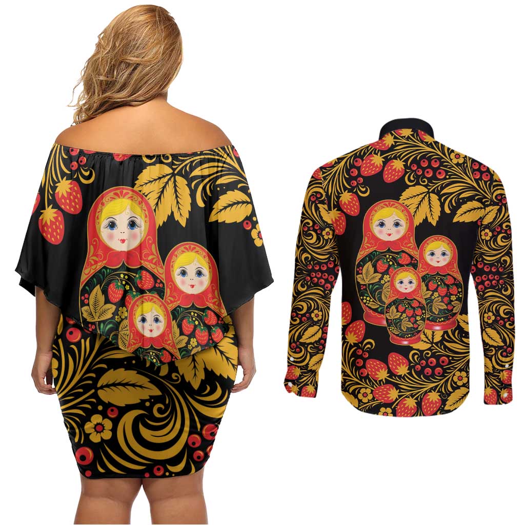 Russian Matryoshka Doll Couples Matching Off Shoulder Short Dress and Long Sleeve Button Shirt Khokhloma Patterns - Wonder Print Shop
