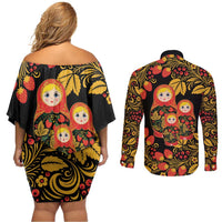 Russian Matryoshka Doll Couples Matching Off Shoulder Short Dress and Long Sleeve Button Shirt Khokhloma Patterns - Wonder Print Shop