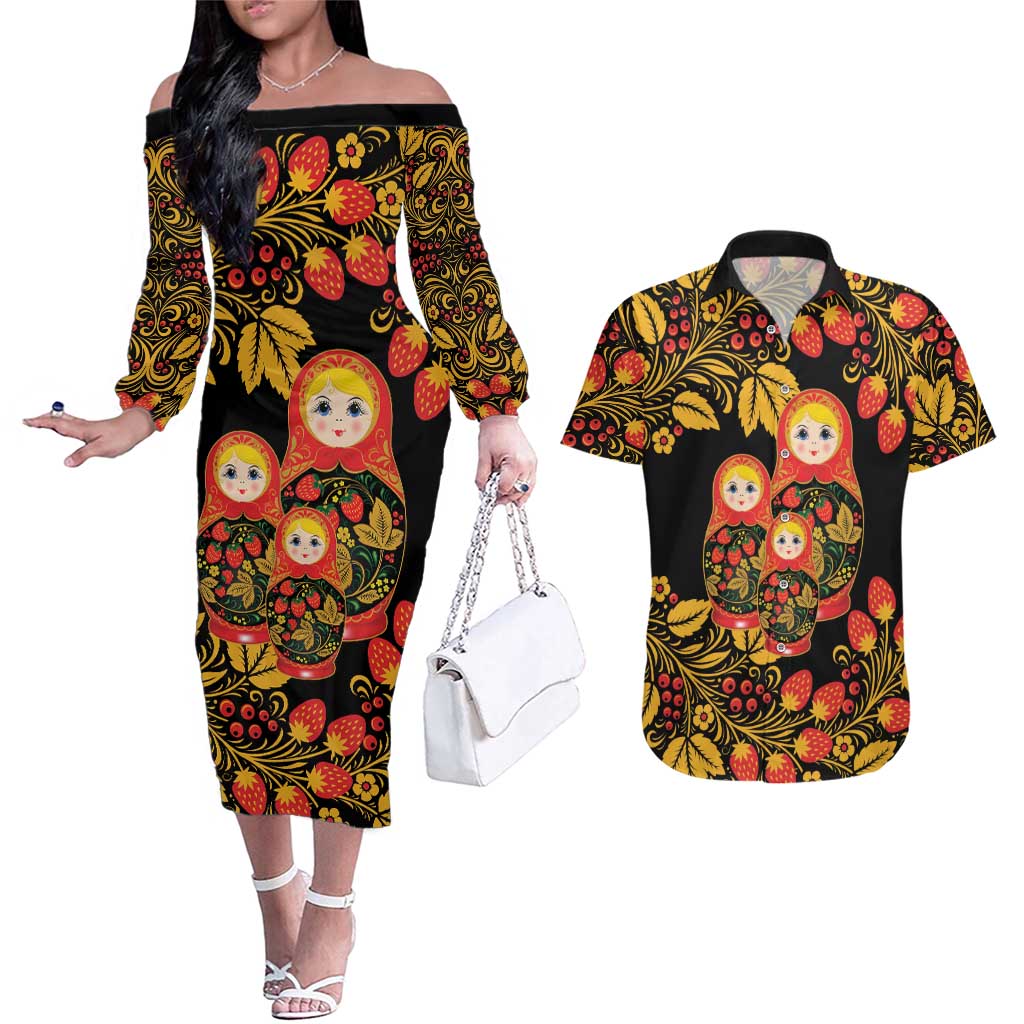 Russian Matryoshka Doll Couples Matching Off The Shoulder Long Sleeve Dress and Hawaiian Shirt Khokhloma Patterns - Wonder Print Shop