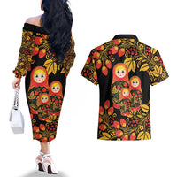 Russian Matryoshka Doll Couples Matching Off The Shoulder Long Sleeve Dress and Hawaiian Shirt Khokhloma Patterns - Wonder Print Shop
