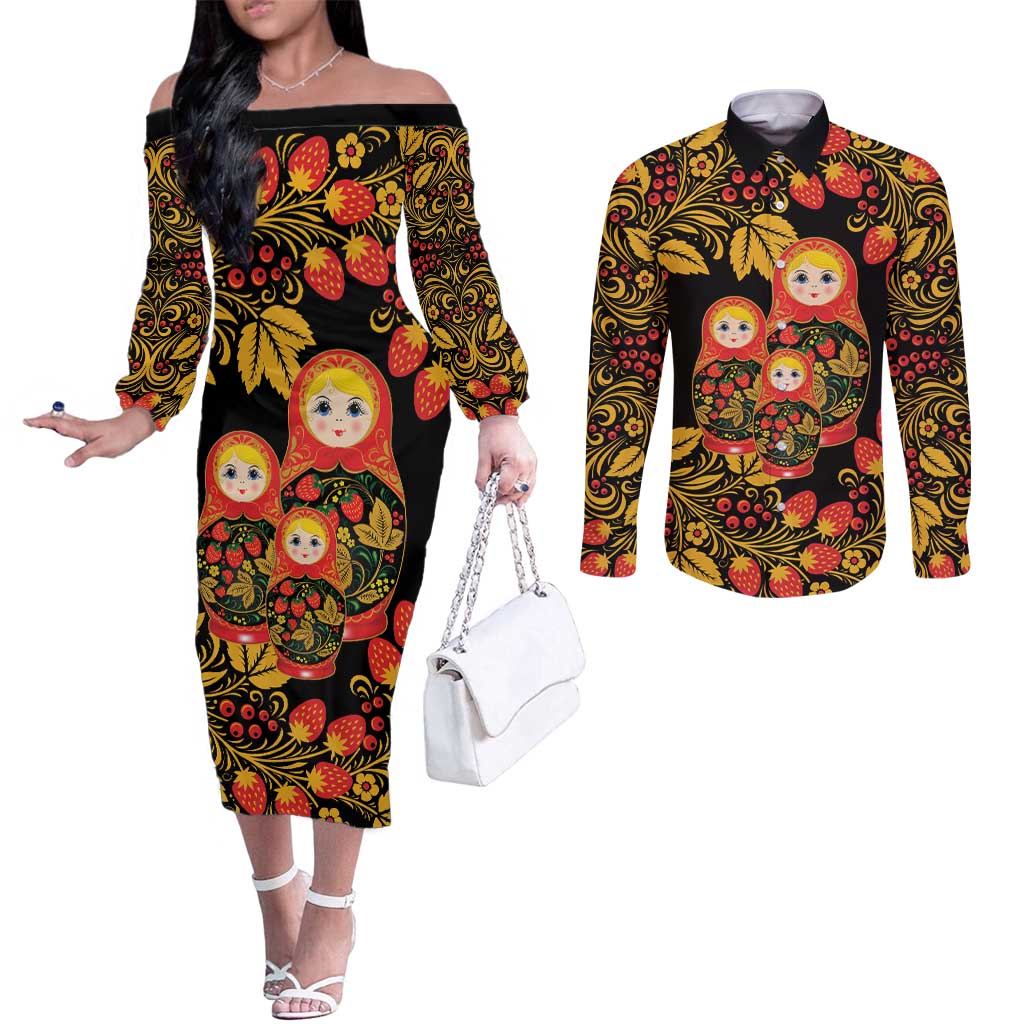 Russian Matryoshka Doll Couples Matching Off The Shoulder Long Sleeve Dress and Long Sleeve Button Shirt Khokhloma Patterns - Wonder Print Shop
