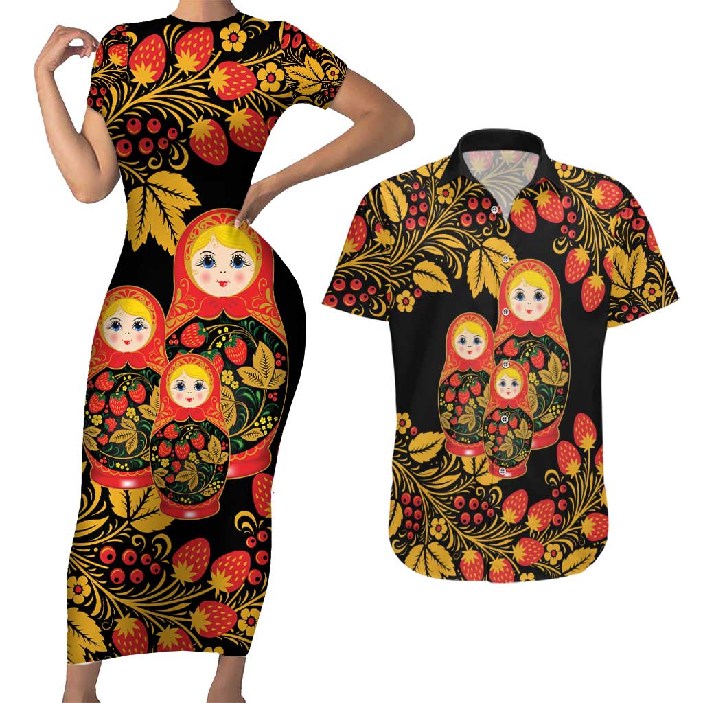 Russian Matryoshka Doll Couples Matching Short Sleeve Bodycon Dress and Hawaiian Shirt Khokhloma Patterns - Wonder Print Shop