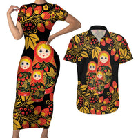 Russian Matryoshka Doll Couples Matching Short Sleeve Bodycon Dress and Hawaiian Shirt Khokhloma Patterns - Wonder Print Shop