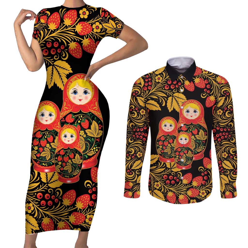 Russian Matryoshka Doll Couples Matching Short Sleeve Bodycon Dress and Long Sleeve Button Shirt Khokhloma Patterns - Wonder Print Shop