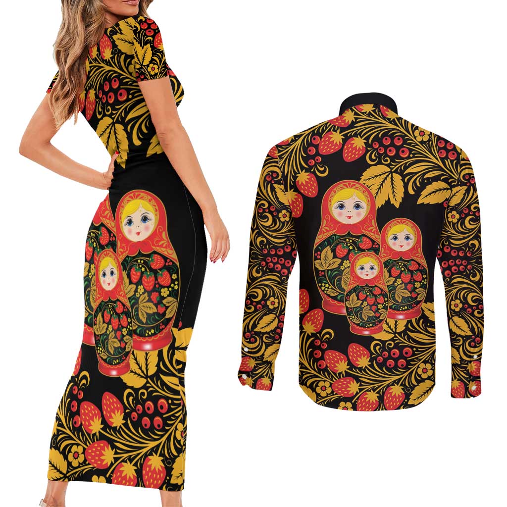 Russian Matryoshka Doll Couples Matching Short Sleeve Bodycon Dress and Long Sleeve Button Shirt Khokhloma Patterns - Wonder Print Shop