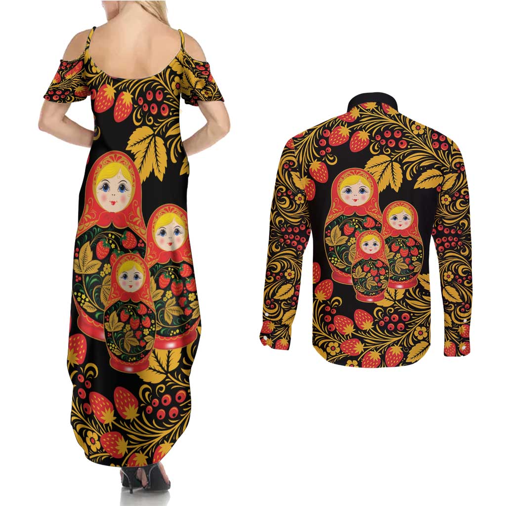 Russian Matryoshka Doll Couples Matching Summer Maxi Dress and Long Sleeve Button Shirt Khokhloma Patterns - Wonder Print Shop