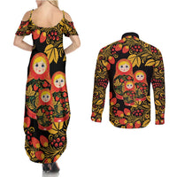 Russian Matryoshka Doll Couples Matching Summer Maxi Dress and Long Sleeve Button Shirt Khokhloma Patterns - Wonder Print Shop