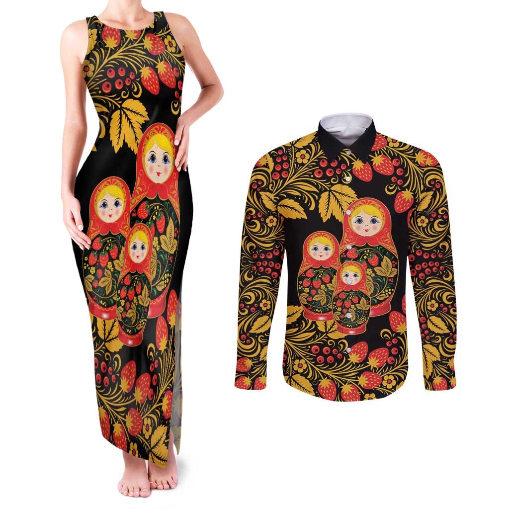 Russian Matryoshka Doll Couples Matching Tank Maxi Dress and Long Sleeve Button Shirt Khokhloma Patterns - Wonder Print Shop