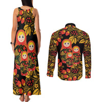 Russian Matryoshka Doll Couples Matching Tank Maxi Dress and Long Sleeve Button Shirt Khokhloma Patterns - Wonder Print Shop