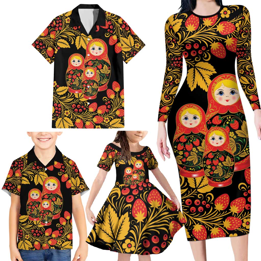 Russian Matryoshka Doll Family Matching Long Sleeve Bodycon Dress and Hawaiian Shirt Khokhloma Patterns - Wonder Print Shop
