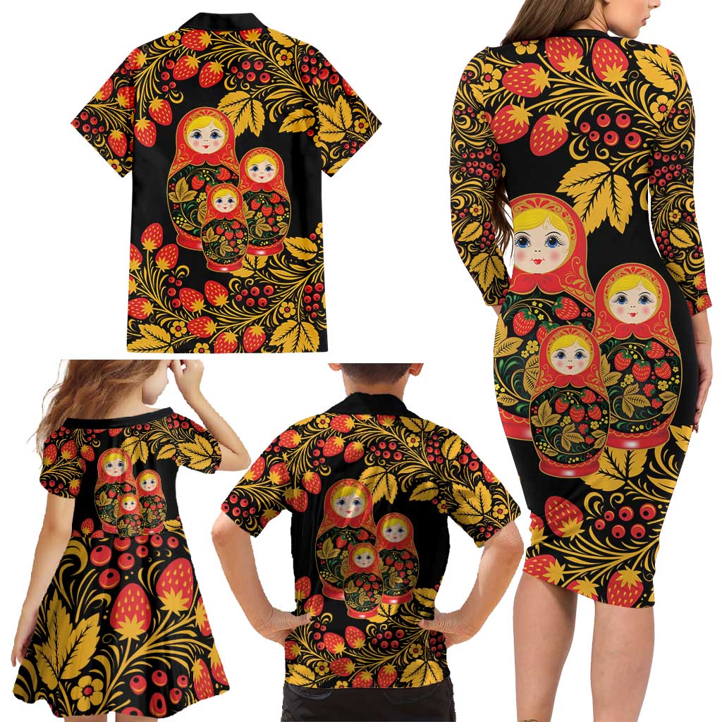 Russian Matryoshka Doll Family Matching Long Sleeve Bodycon Dress and Hawaiian Shirt Khokhloma Patterns - Wonder Print Shop