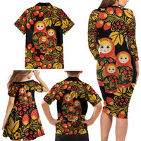 Russian Matryoshka Doll Family Matching Long Sleeve Bodycon Dress and Hawaiian Shirt Khokhloma Patterns - Wonder Print Shop