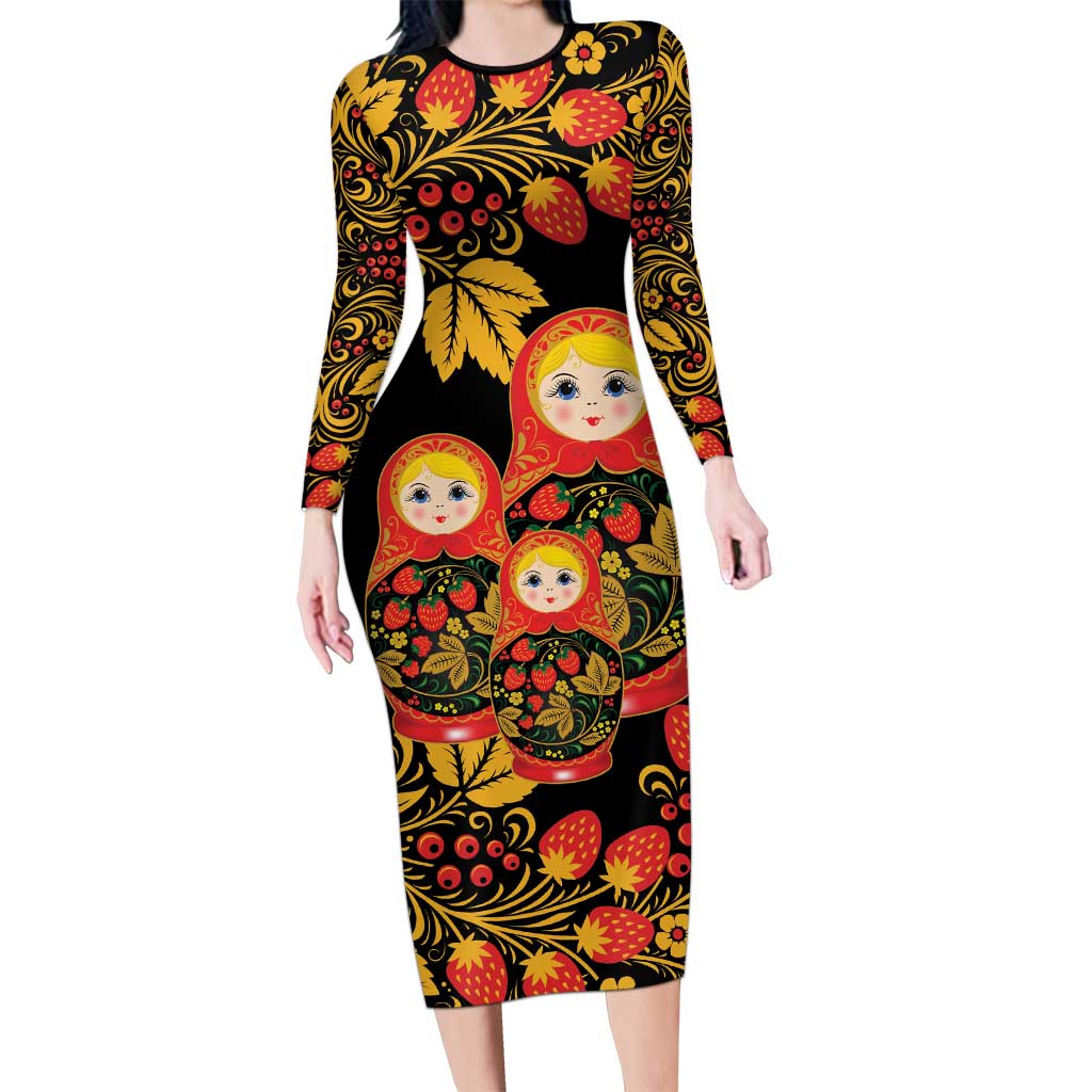 Russian Matryoshka Doll Family Matching Long Sleeve Bodycon Dress and Hawaiian Shirt Khokhloma Patterns - Wonder Print Shop