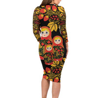 Russian Matryoshka Doll Family Matching Long Sleeve Bodycon Dress and Hawaiian Shirt Khokhloma Patterns - Wonder Print Shop