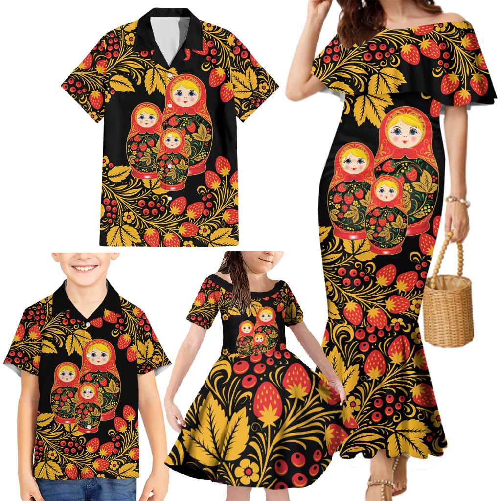 Russian Matryoshka Doll Family Matching Mermaid Dress and Hawaiian Shirt Khokhloma Patterns - Wonder Print Shop