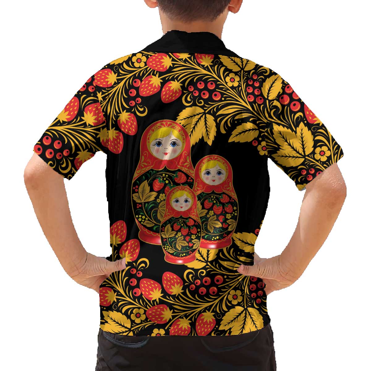 Russian Matryoshka Doll Family Matching Off The Shoulder Long Sleeve Dress and Hawaiian Shirt Khokhloma Patterns - Wonder Print Shop