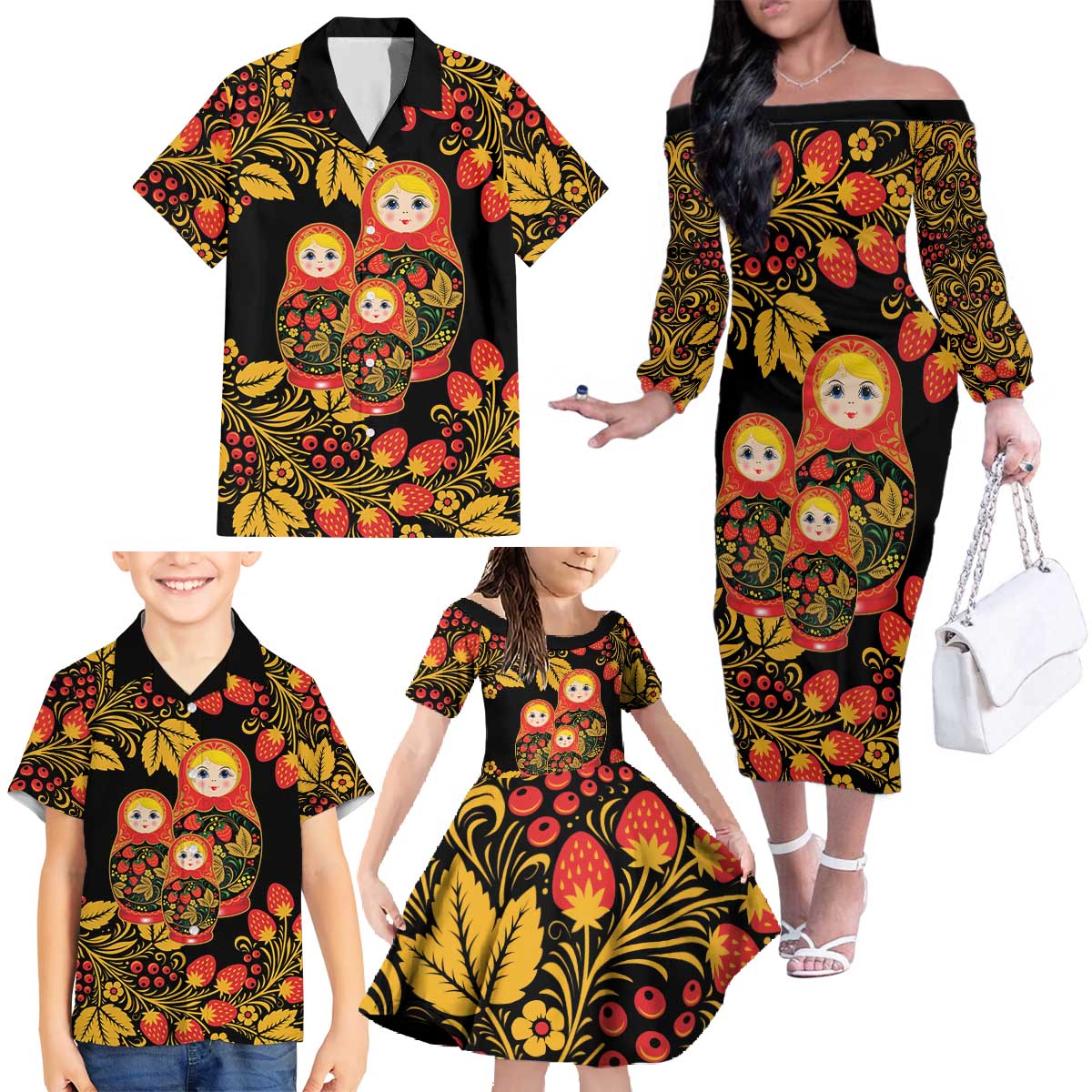 Russian Matryoshka Doll Family Matching Off The Shoulder Long Sleeve Dress and Hawaiian Shirt Khokhloma Patterns - Wonder Print Shop