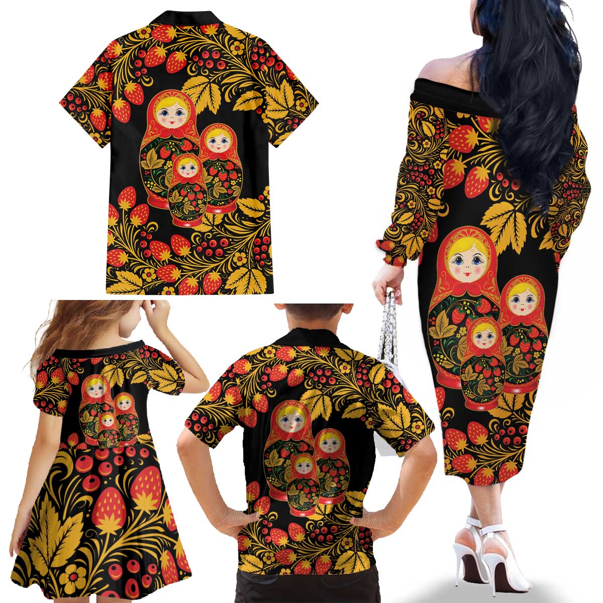 Russian Matryoshka Doll Family Matching Off The Shoulder Long Sleeve Dress and Hawaiian Shirt Khokhloma Patterns - Wonder Print Shop