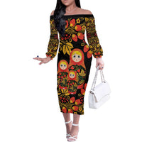 Russian Matryoshka Doll Family Matching Off The Shoulder Long Sleeve Dress and Hawaiian Shirt Khokhloma Patterns - Wonder Print Shop