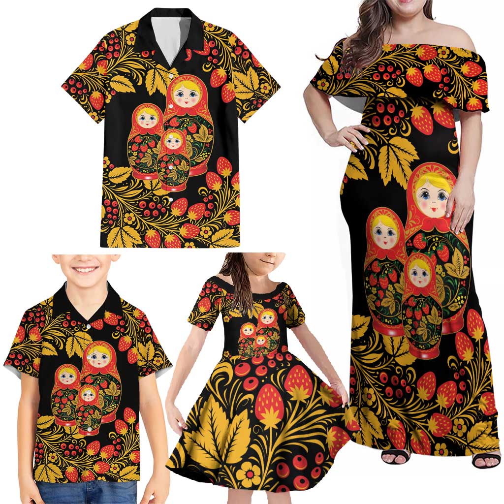 Russian Matryoshka Doll Family Matching Off Shoulder Maxi Dress and Hawaiian Shirt Khokhloma Patterns - Wonder Print Shop