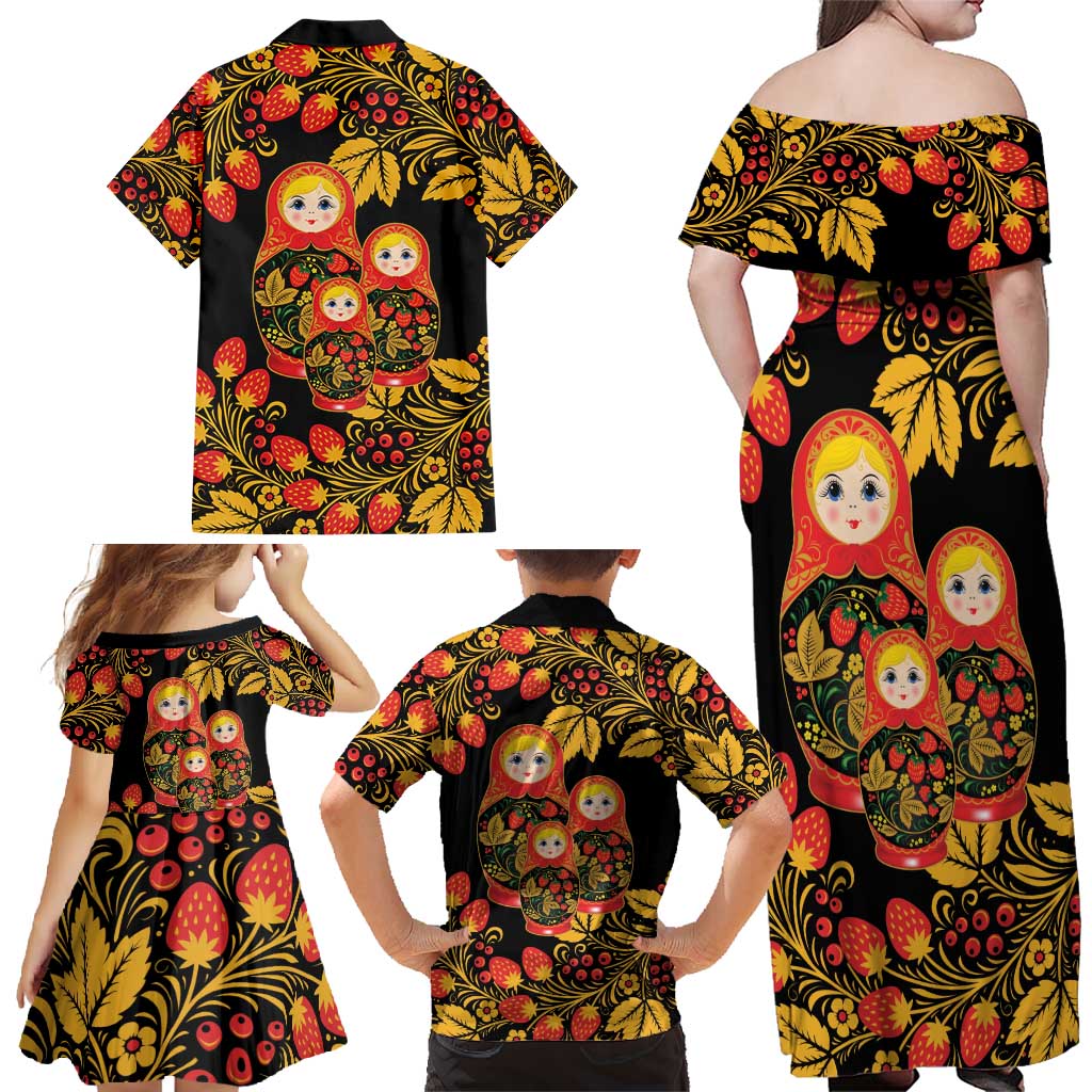 Russian Matryoshka Doll Family Matching Off Shoulder Maxi Dress and Hawaiian Shirt Khokhloma Patterns - Wonder Print Shop