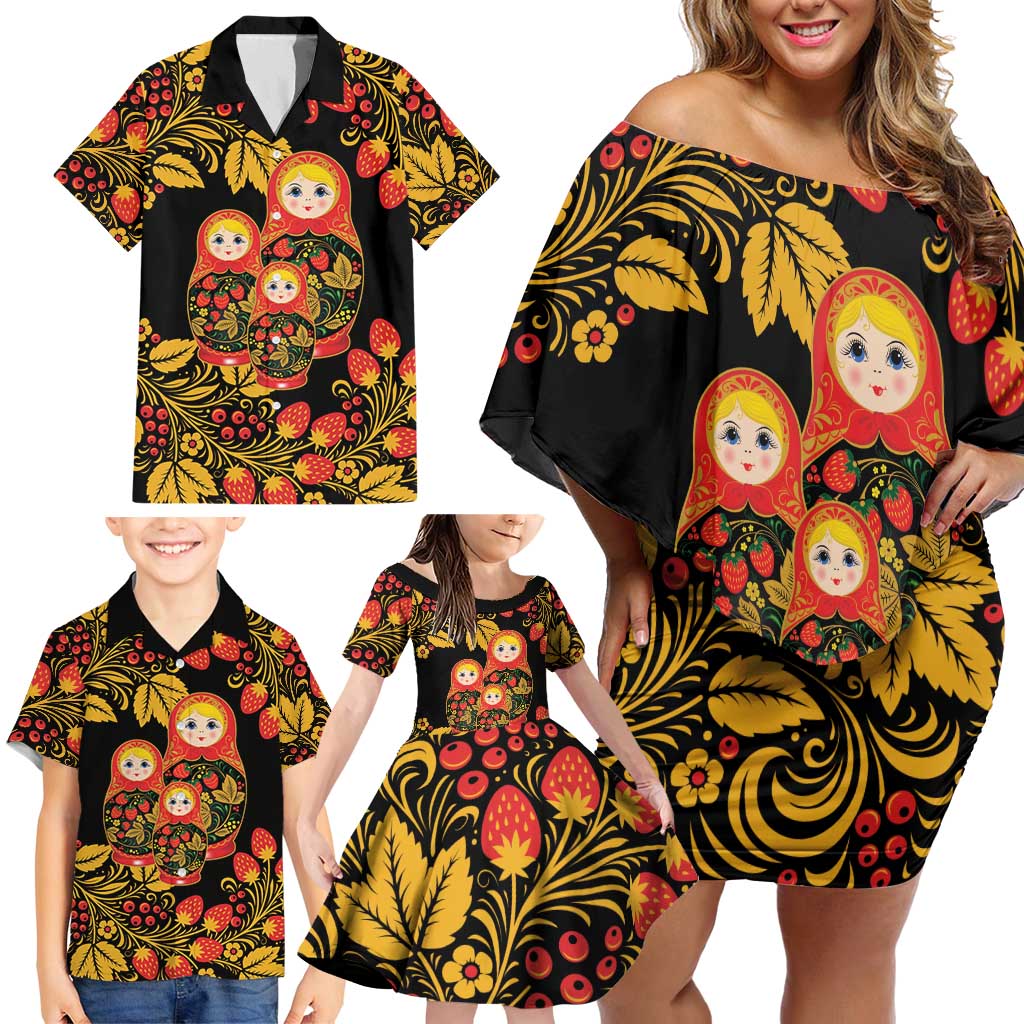 Russian Matryoshka Doll Family Matching Off Shoulder Short Dress and Hawaiian Shirt Khokhloma Patterns - Wonder Print Shop