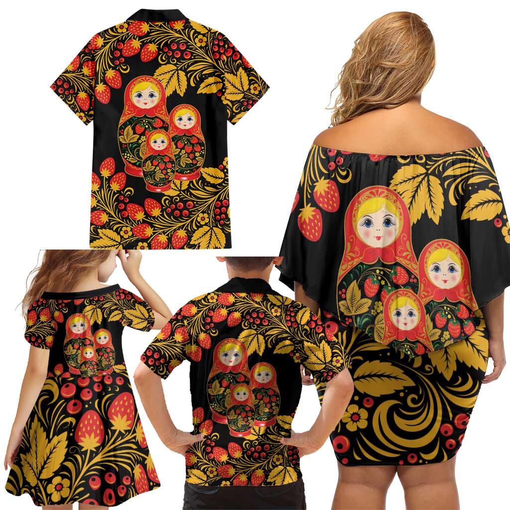 Russian Matryoshka Doll Family Matching Off Shoulder Short Dress and Hawaiian Shirt Khokhloma Patterns - Wonder Print Shop