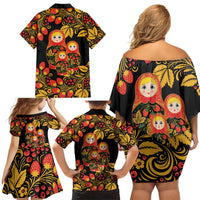 Russian Matryoshka Doll Family Matching Off Shoulder Short Dress and Hawaiian Shirt Khokhloma Patterns - Wonder Print Shop