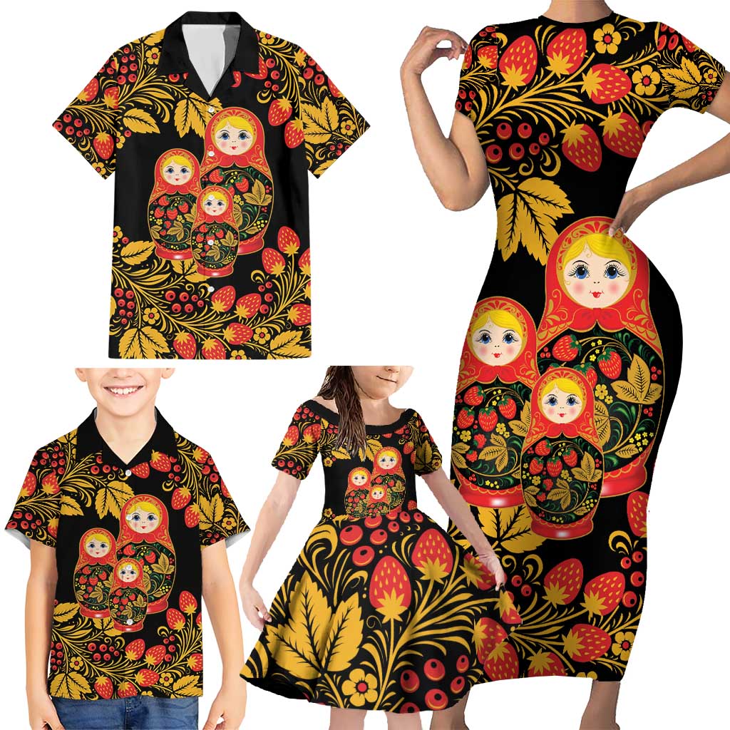 Russian Matryoshka Doll Family Matching Short Sleeve Bodycon Dress and Hawaiian Shirt Khokhloma Patterns - Wonder Print Shop