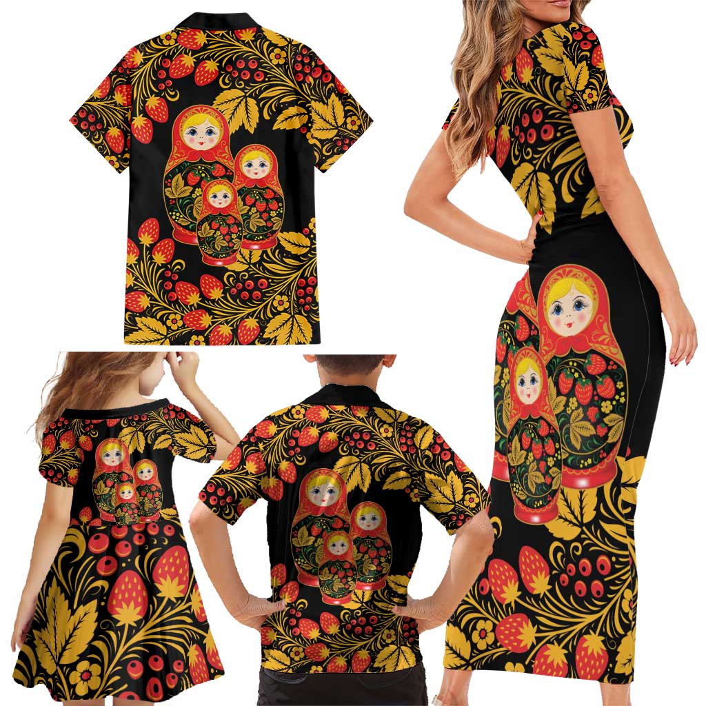 Russian Matryoshka Doll Family Matching Short Sleeve Bodycon Dress and Hawaiian Shirt Khokhloma Patterns - Wonder Print Shop