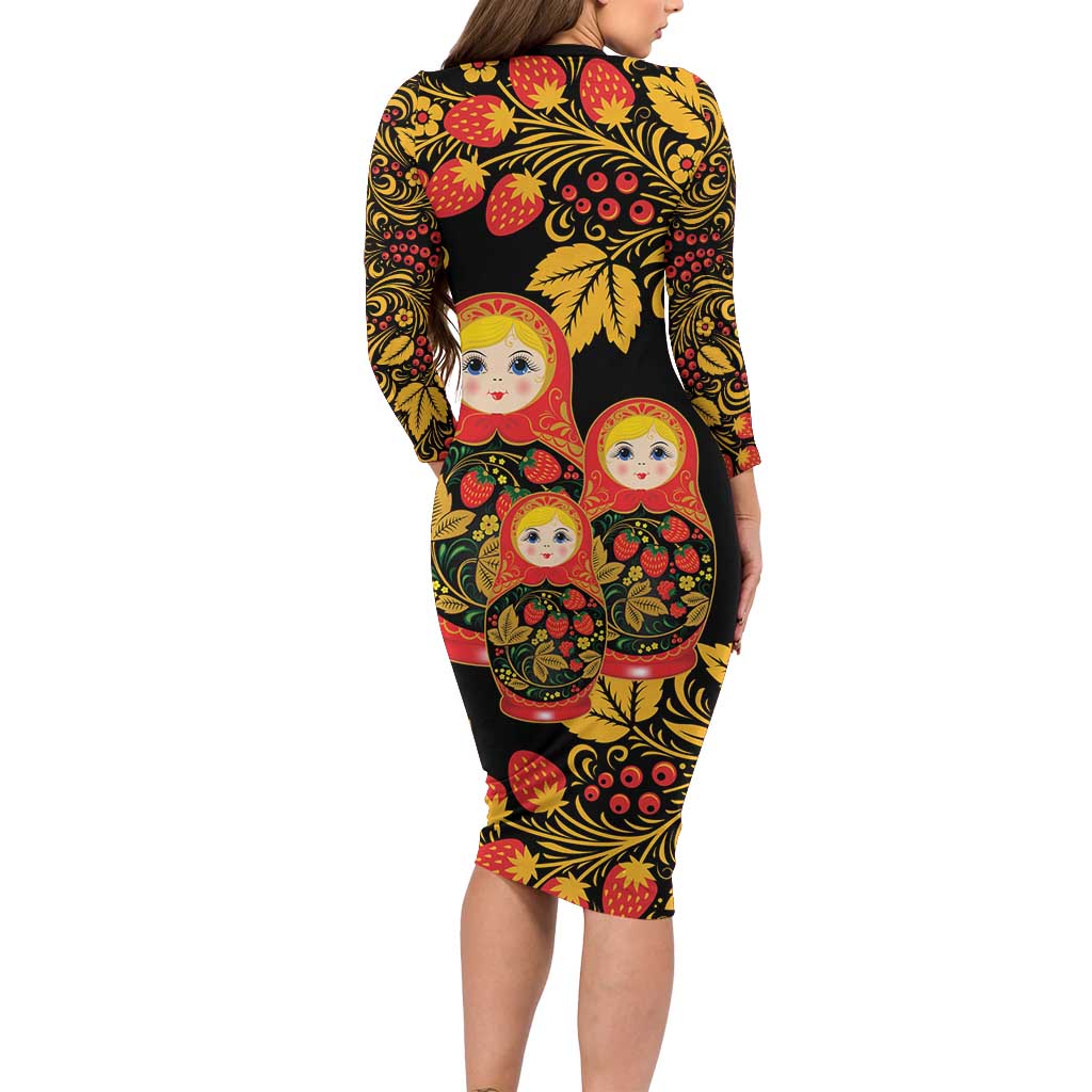Russian Matryoshka Doll Long Sleeve Bodycon Dress Khokhloma Patterns - Wonder Print Shop