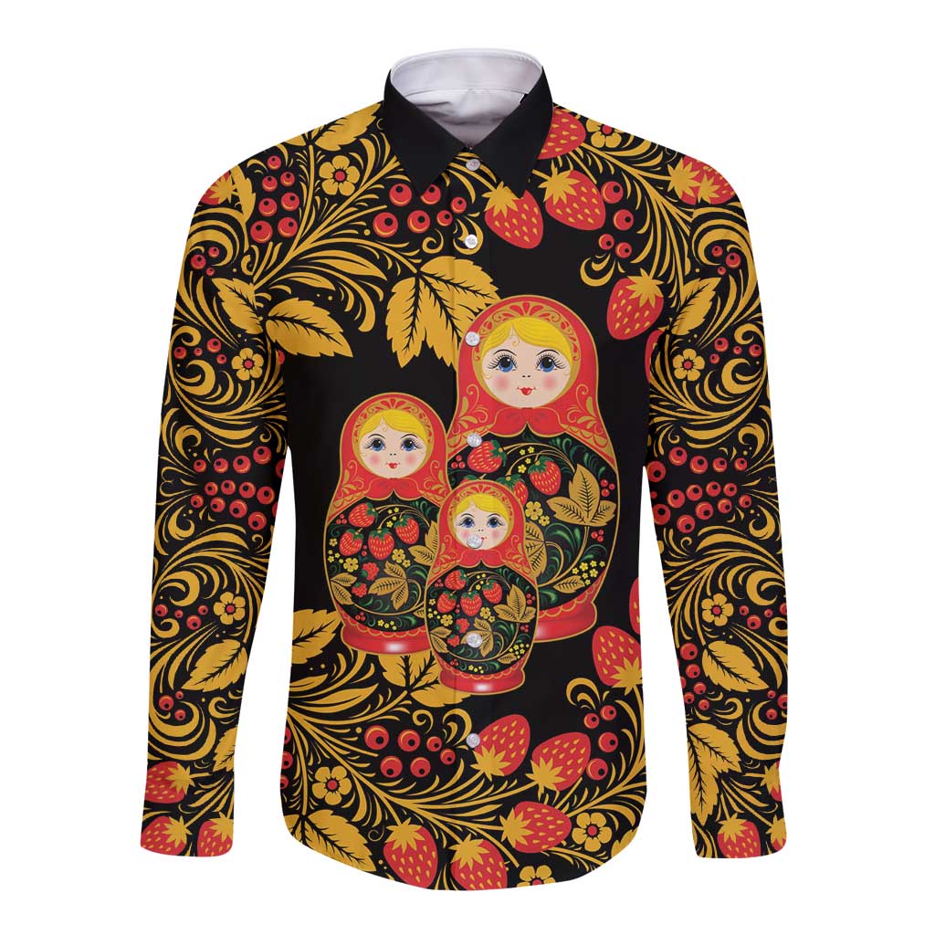 Russian Matryoshka Doll Long Sleeve Button Shirt Khokhloma Patterns - Wonder Print Shop