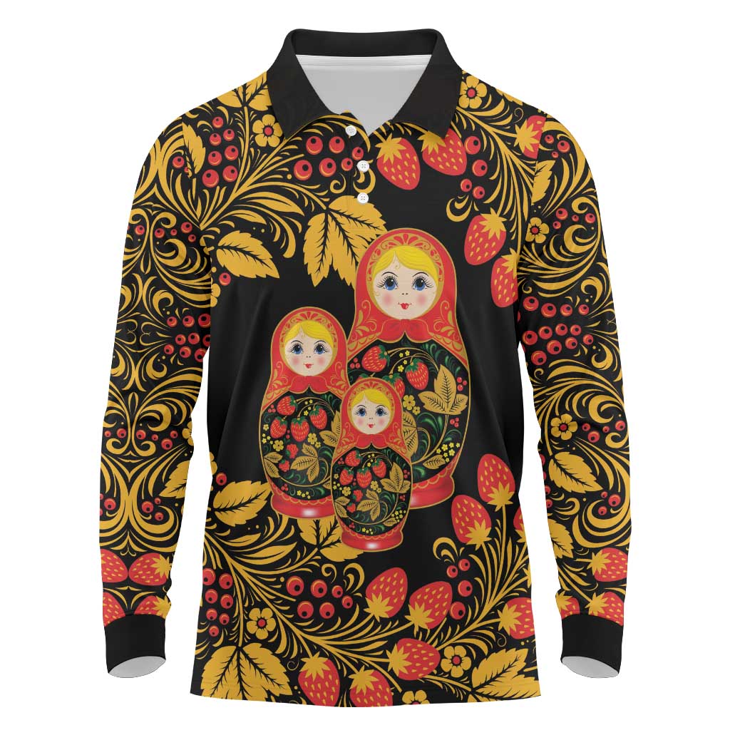 Russian Matryoshka Doll Long Sleeve Polo Shirt Khokhloma Patterns - Wonder Print Shop