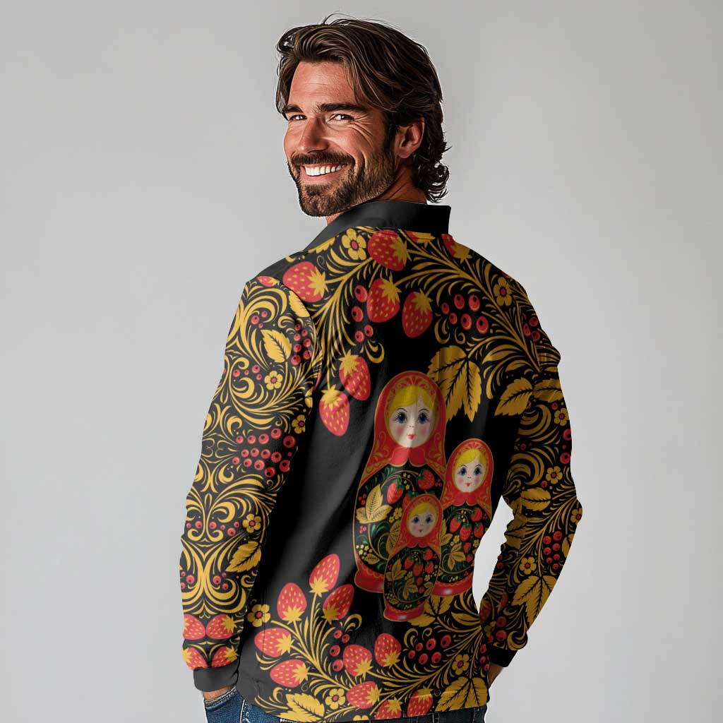 Russian Matryoshka Doll Long Sleeve Polo Shirt Khokhloma Patterns - Wonder Print Shop