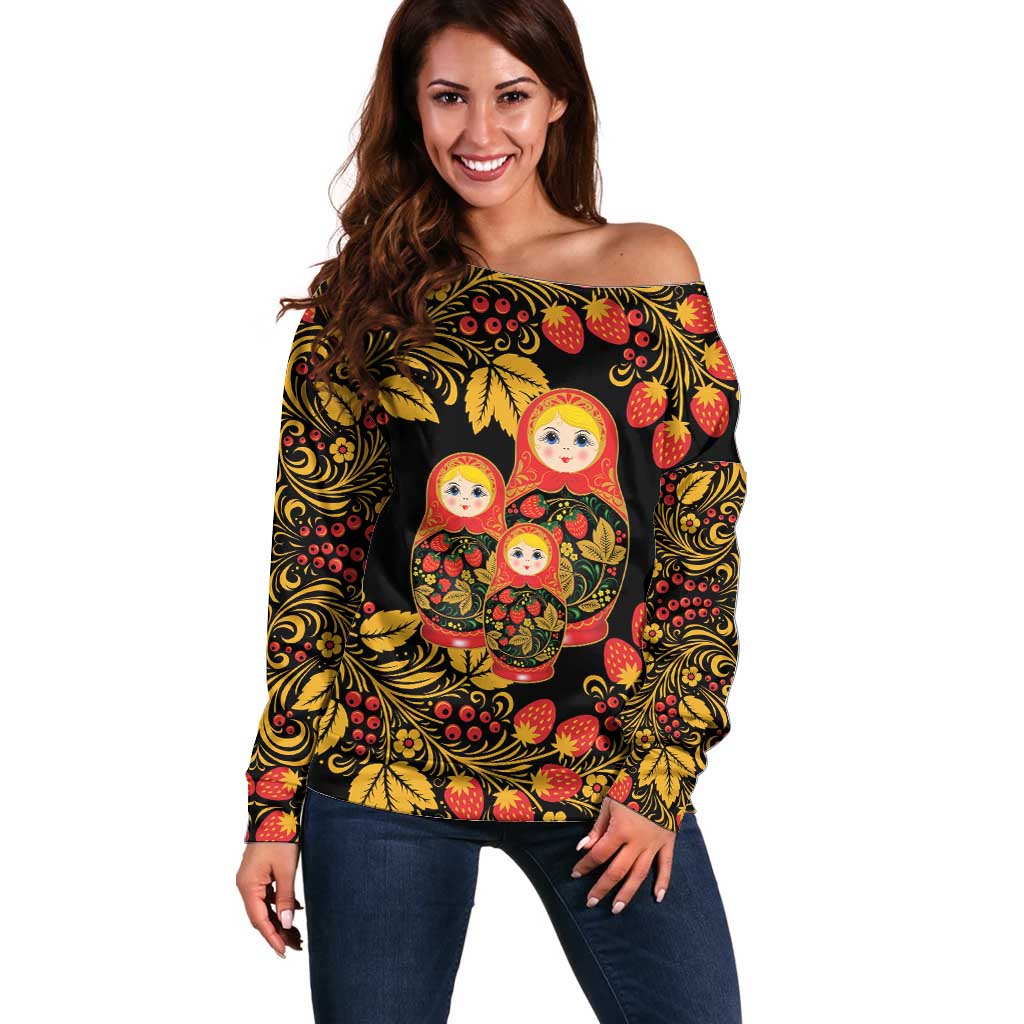 Russian Matryoshka Doll Off Shoulder Sweater Khokhloma Patterns - Wonder Print Shop