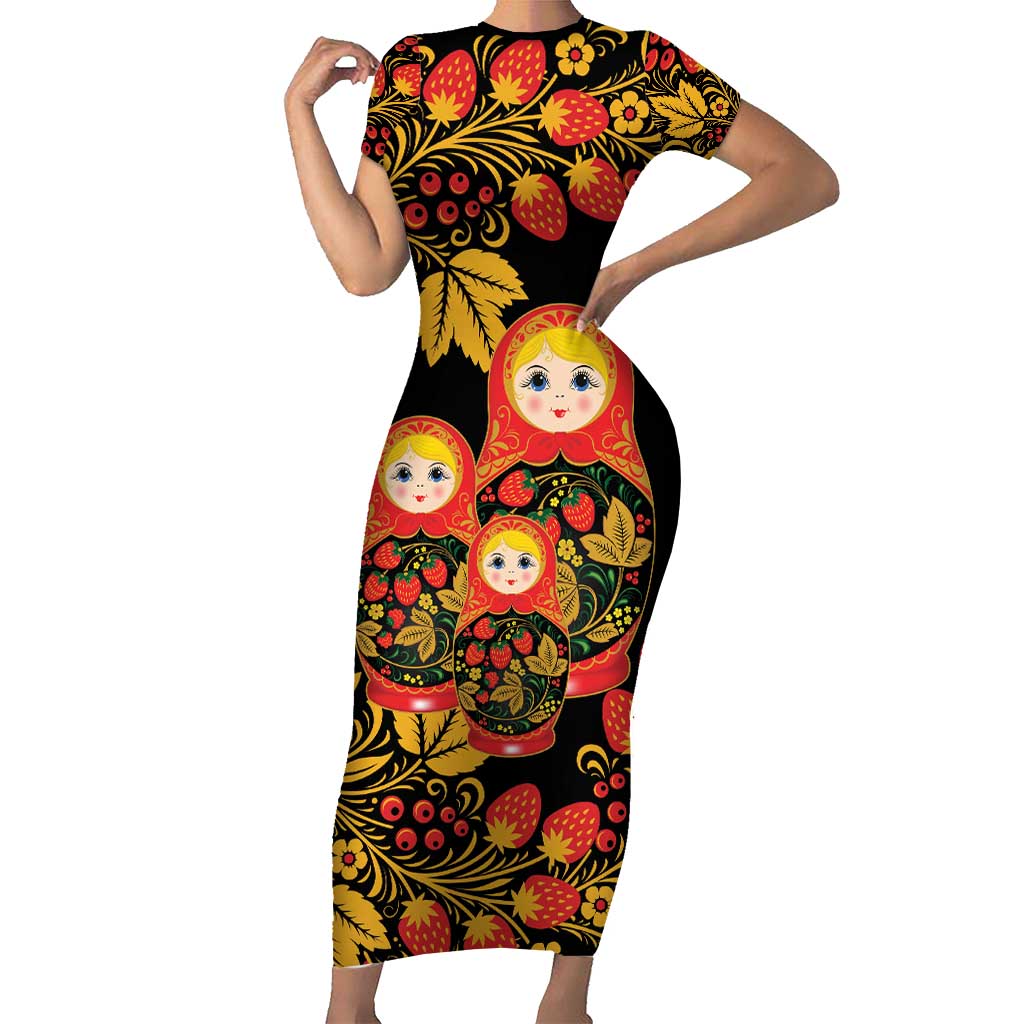 Russian Matryoshka Doll Short Sleeve Bodycon Dress Khokhloma Patterns - Wonder Print Shop