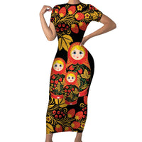 Russian Matryoshka Doll Short Sleeve Bodycon Dress Khokhloma Patterns - Wonder Print Shop